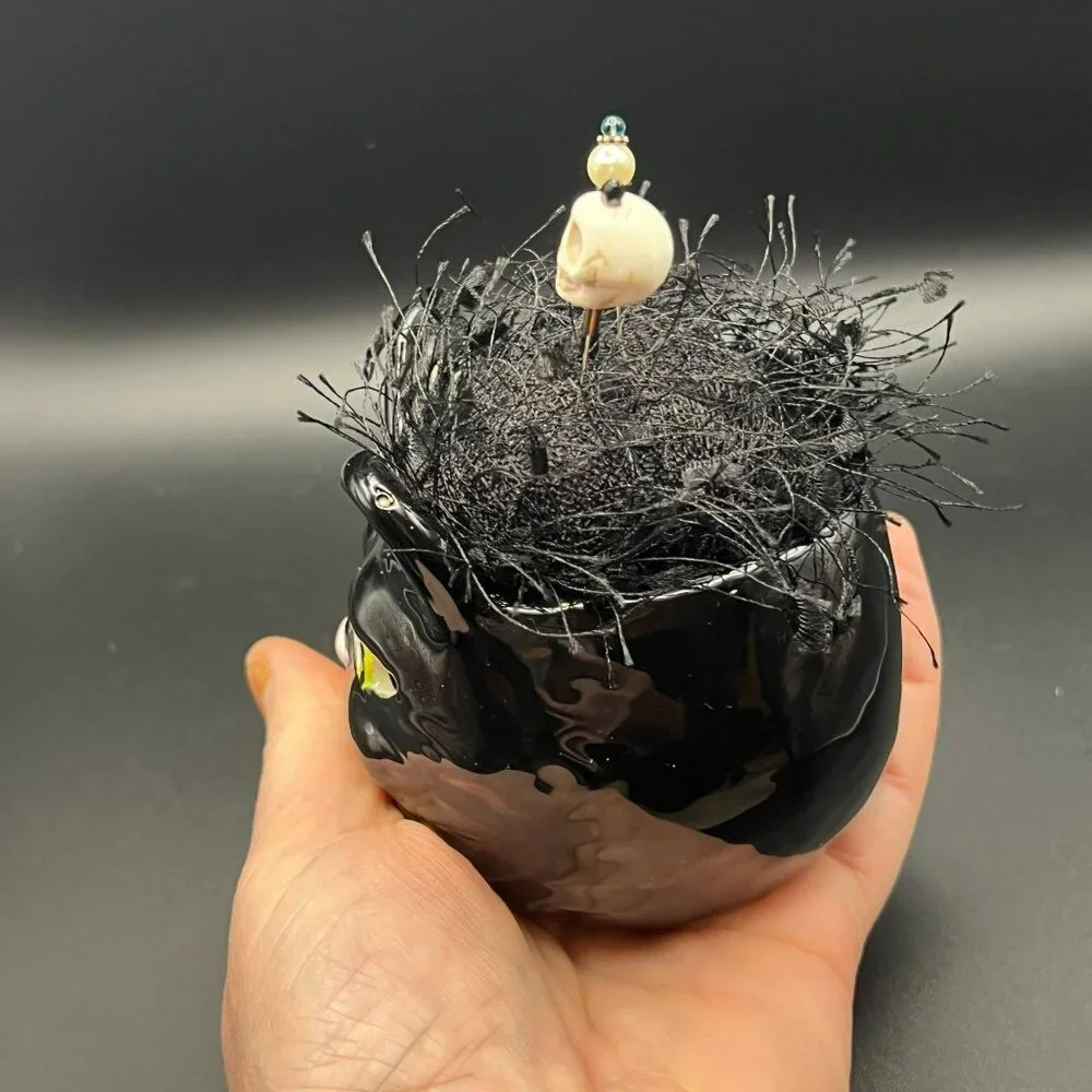Ceramic Fierce Black Cat Pin‎ Cushion ~ Planter Pot Upcycled ~ Fun!